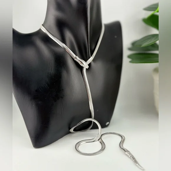 Silver Snake Lariat Necklace – Adjustable Y-Necklace Statement Chain - Picture 8 of 13